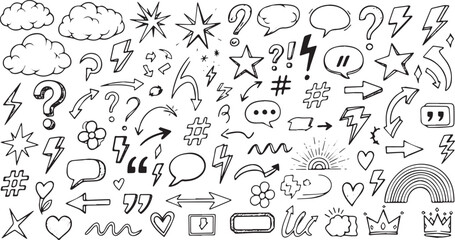 Obraz premium Hand drawn doodle set of arrows stars clouds and question marks.