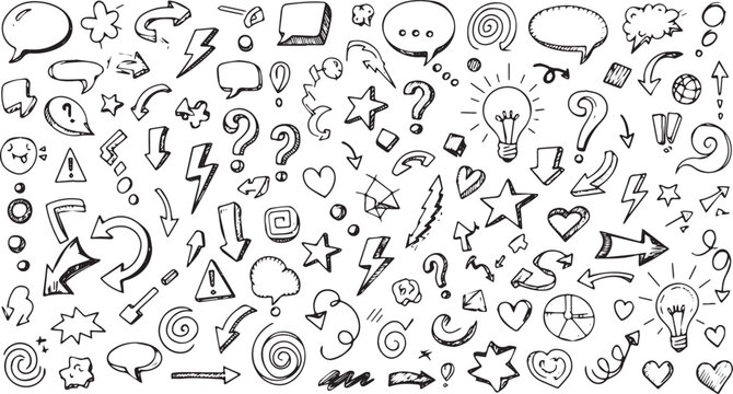 Hand drawn doodle set of arrows speech bubbles and symbols.