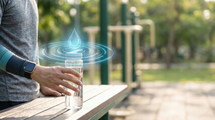 Fitness smart watch water bottle hydration outdoor park health technology male hand exercise sport gadget wearable jogging running workout summer