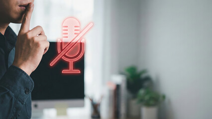Mute microphone icon silence gesture man office technology privacy communication sound digital recording business work modern concept quiet secret