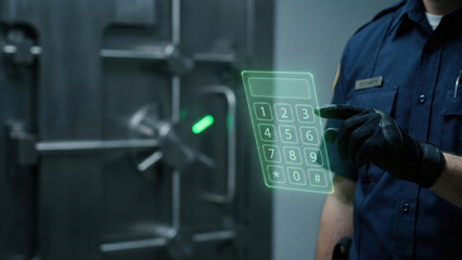 Security bank vault keypad password code access hologram digital safe Futuristic security guard entering hologram keypad for secure bank vault