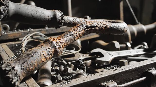 A heavily rusted metal tool handle with worn grips and rust spots, set amongst various workshop equipment and tools, showcasing industrial decay and age.