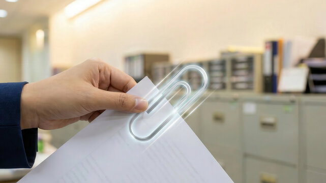Hand holding document paper digital paperclip glowing office file cabinet background