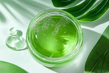 Bright green gel with bubbles is in glass jar near leaves and drops