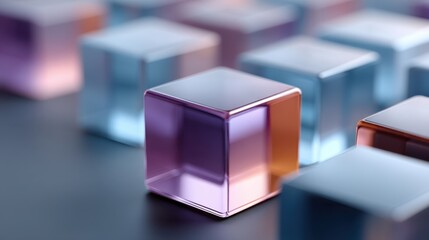 Colorful translucent geometric blocks arranged in a modern abstract composition with soft lighting and a blurred background effect