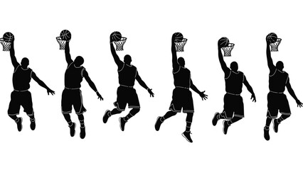Collection of basketball player slam dunk silhouettes on transparent background