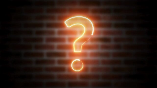 Neon orange question mark glow against a dark brick wall urban mystery, illuminated silhouette glow