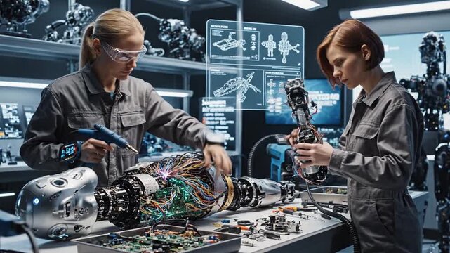 Two women working on a complex robotic assembly with sparks, screens, and detailed blueprints