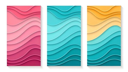 Abstract Paper-Cut Style Backgrounds Featuring Soft Wavy Layers in Pink, Teal, and Orange Tones, Minimalist Design