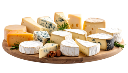 An assorted variety of premium cheeses including Brie and Blue cheese, served on a rustic wooden board.