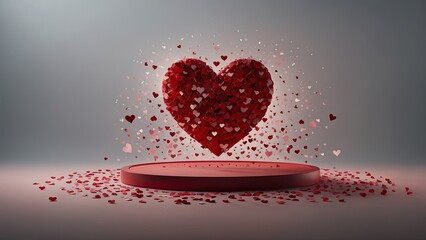 Floating heart made of many small red petals explodes above a display pedestal for romance