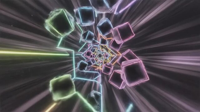 A vibrant depiction of a futuristic neon tunnel with glowing geometric forms and dynamic streaks of light, creating an immersive digital visual experience.