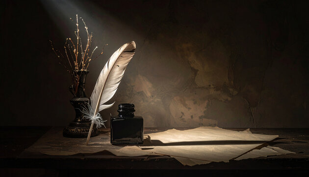 A dark moody scene with a feather pen and ink bottle beside textured paper background