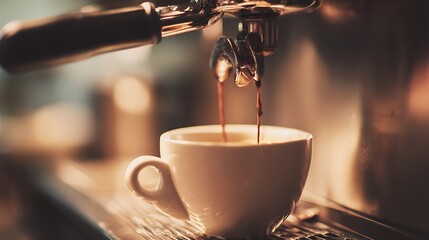 Espresso Machine Filling a White Ceramic Cup with Fresh Coffee