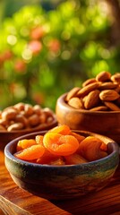 Dried Apricots and Almonds in Wooden Bowls on Wooden Table Outdoors