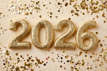 Golden glitter numbers 2026 on a festive background with confetti stars. New Year celebration and holiday greeting card concept for future event.
