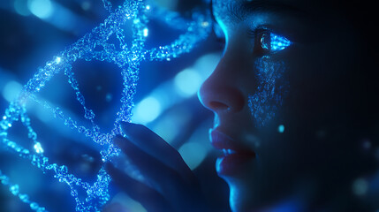Meta creator interacting with holographic DNA strands, soft fill light highlighting facial features 
