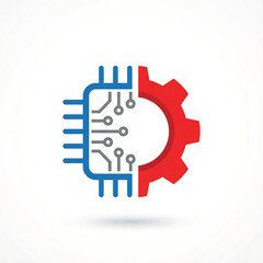 vector illustration of processor with gear. Icon of circuit board technology. Symbol of microprocessor production. Sign of microchip new concept