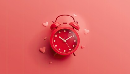 Red alarm clock surrounded by floating hearts on a pink background symbolizing valentine time