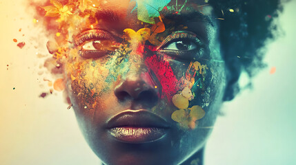 Emotional gaze of a meta creator with vibrant skin colors and digital tattoos alive with motion 