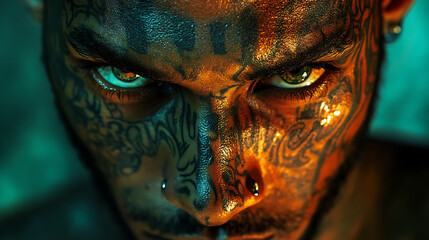 Emotional gaze of a meta creator with vibrant skin colors and digital tattoos alive with motion 