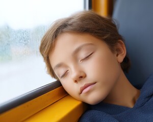 Child sleeping peacefully during silent commute, Electric school bus