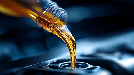 Pouring Golden Motor Oil into Car Engine, Automotive Maintenance Concept
