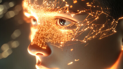 Close-up of a meta creator with glowing facial circuits and ethereal light radiating from the forehead 