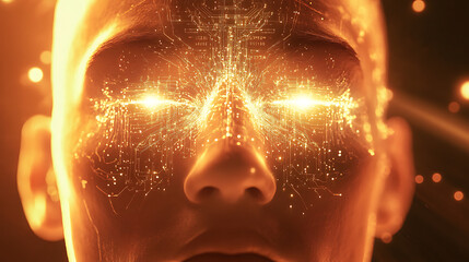 Close-up of a meta creator with glowing facial circuits and ethereal light radiating from the forehead 