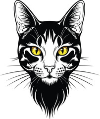 Obraz premium Black and white cat face illustration, detailed feline portrait with yellow eyes, bold line art vector design for tattoo logos prints and branding