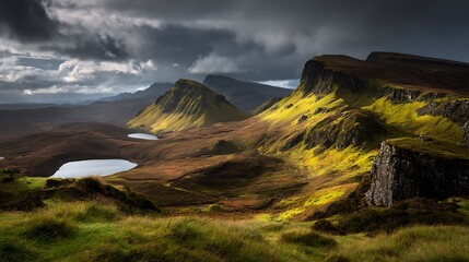 Quiraing Landscape Dramatic Cliffs, Lakes, and Stormy Sky in Isle of Skye