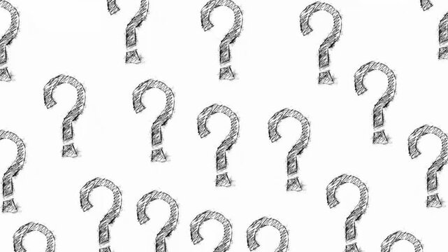 Pattern of hand-drawn question marks scattered across a white canvas grayscale sketchy motif subtle