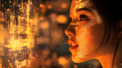 Close-up of a meta creator speaking to an AI hologram, illuminated with warm soft tones and detailed highlights 