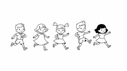 Illustration of five children running happily isolated on white background, showcasing their joyful energy and movement