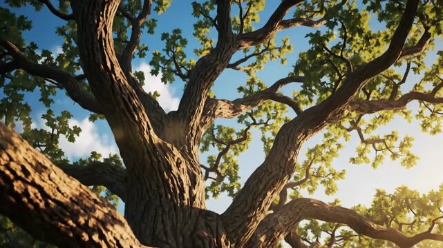Majestic Ancient Oak Tree Branching Outwards Towards a Bright Sunny Sky