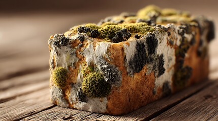 Rotting Bread Loaf Covered in Mold on a Wooden Surface Macro Shot