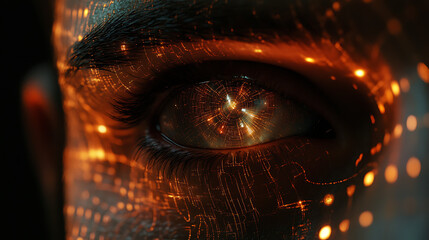 Close-up of a meta creator mid-thought, quantum logic patterns flashing across the pupils 