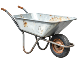 Realistic 3D wheelbarrow with a rusted metal finish and industrial textures.