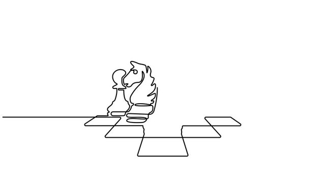 Animated self drawing of continuous line draw chess pieces silhouette icon isolated on white background. knight, rook game design elements. Full length one line animation. 4K video