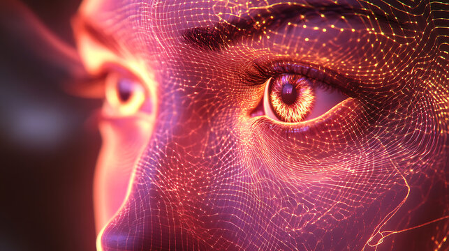 Close-up of a meta creator mid-thought, quantum logic patterns flashing across the pupils 