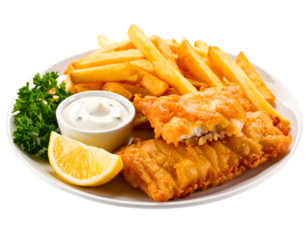Classic crispy golden fried fish and chips served with tartare sauce and lemon.