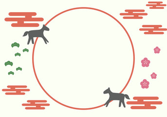 午年の年賀状イラスト　和風の丸窓と馬のシルエット