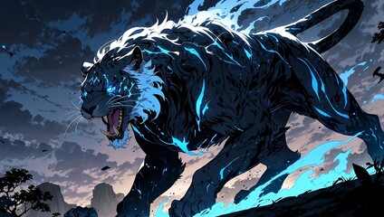 Fierce Electric Blue Tiger Roaring with Glowing Cyan Energy in a Dark Fantasy Landscape Illustration
