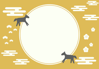 午年の年賀状イラスト　和風の丸窓と馬のシルエット