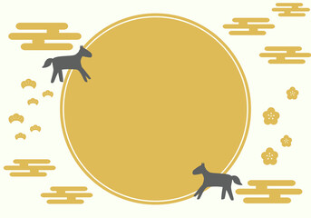 午年の年賀状イラスト　和風の丸窓と馬のシルエット