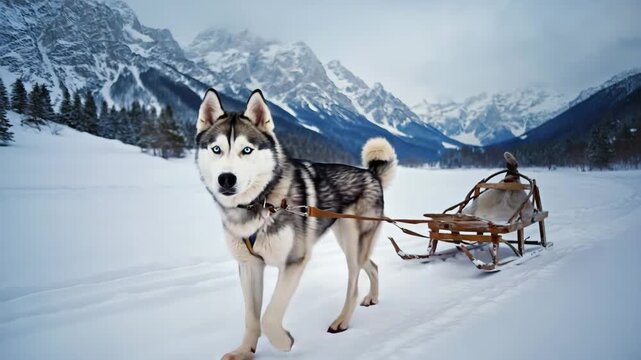 Siberian Husky Dog Pulling Wooden Sled in Snowy Mountain Landscape Winter Adventure Scenic Nature