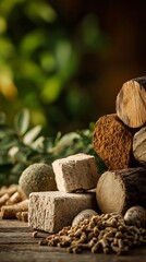 Wood Logs, Soil Cubes, and Pellets on a Wooden Surface
