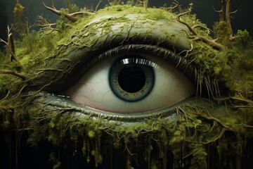 Eye observing, covered with moss and roots, symbolizing an earthly guardian