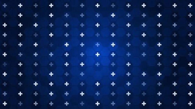 Animated dark blue background with white plus signs moving in rows, seamless loop, technology motion graphics template