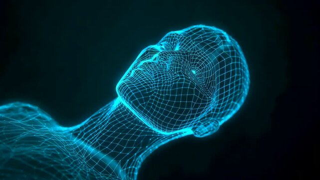 Blue wireframe human head and shoulders viewed from side against dark background